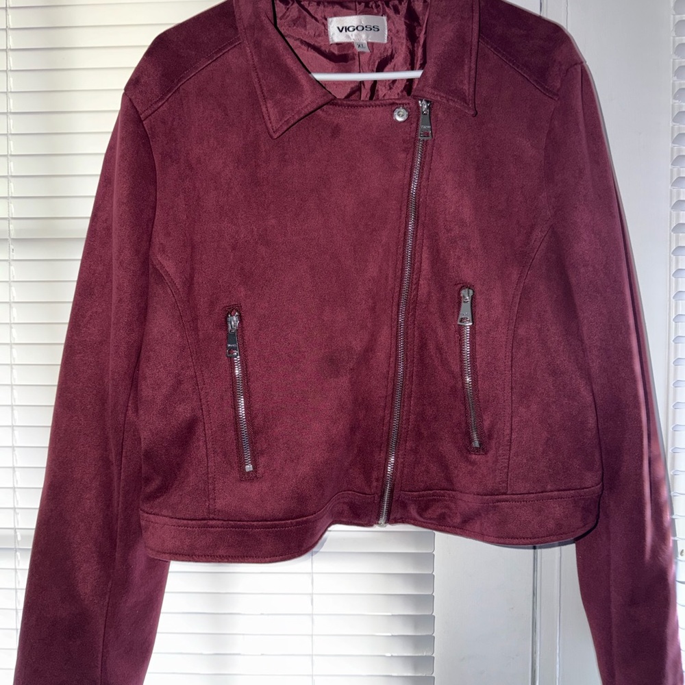 Vigoss Women's Maroon Suede-Look Zip Moto Jacket